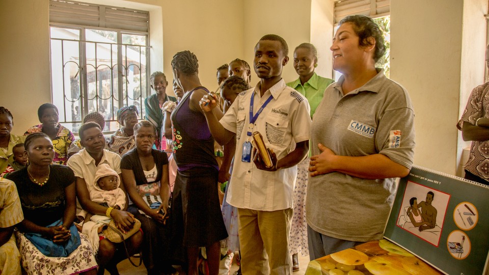 CMMB volunteer, Dr. Rachael Consoli provides health education for pregnant women and encourages them to deliver at a health facility.