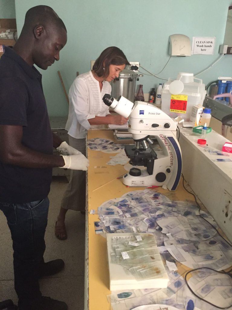 Dr. Helene with Mr. Mwiya examining a parasite specimen.