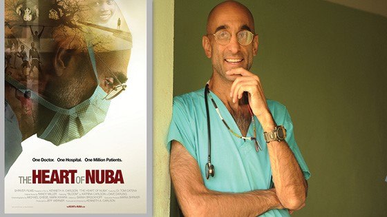 Image of Dr. Tom and the movie poster of The Heart of Nuba