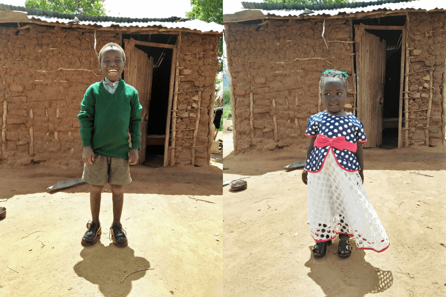 Mutambuki in his first pair of shoes ever. Kabuku in a new dress.
