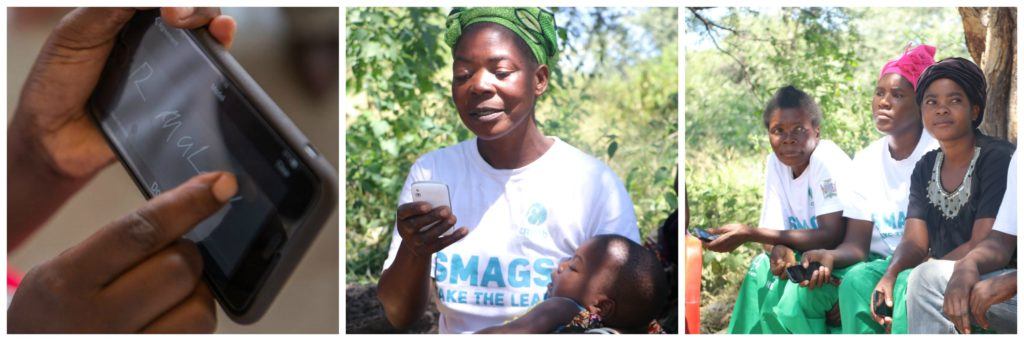 Community members and volunteers using mobile phones