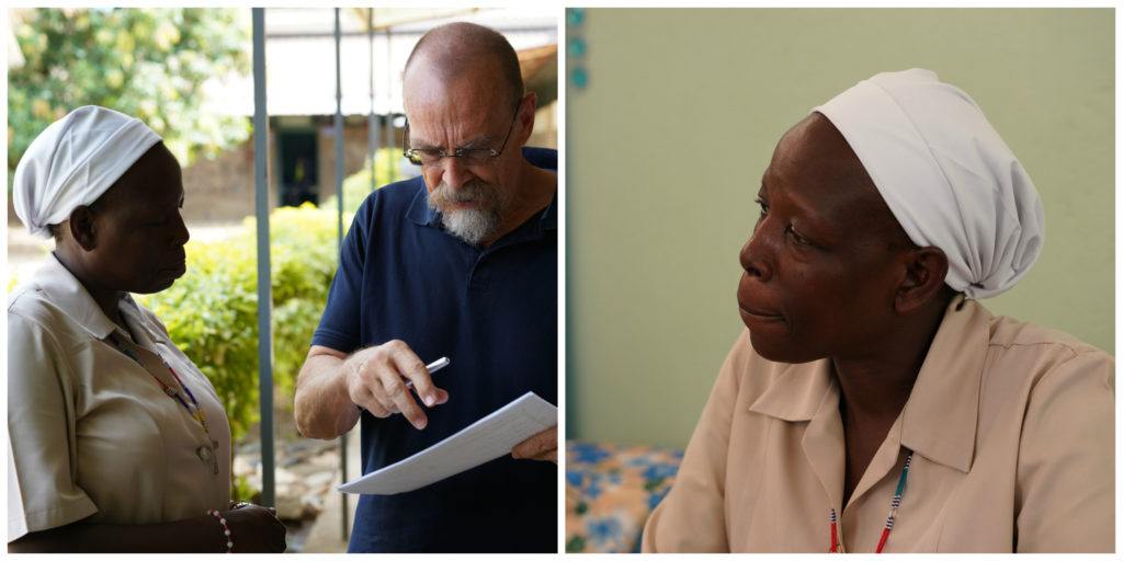 Two images, both of Sister Angelina. (left) Sister Angelina outside (right) Sister Angelina inside the hospital