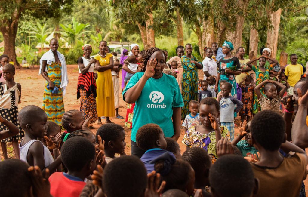 Children in child friendly space with Catherine, the head of child protection in Yambio.