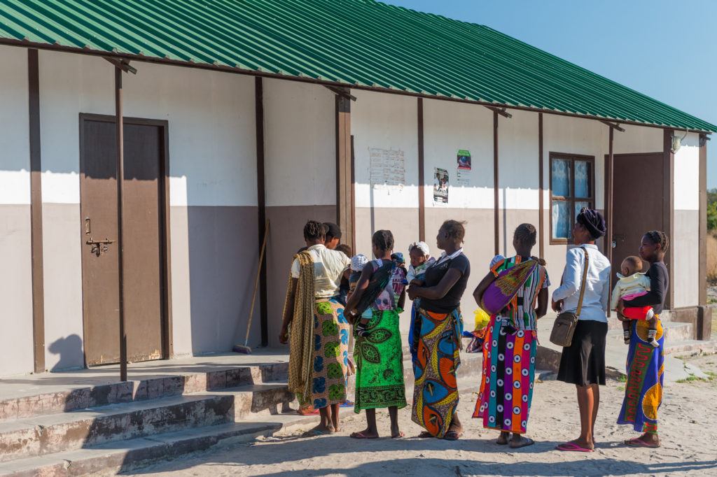 Women waiting to be seen at the rural health center in Mwandi, Zambia