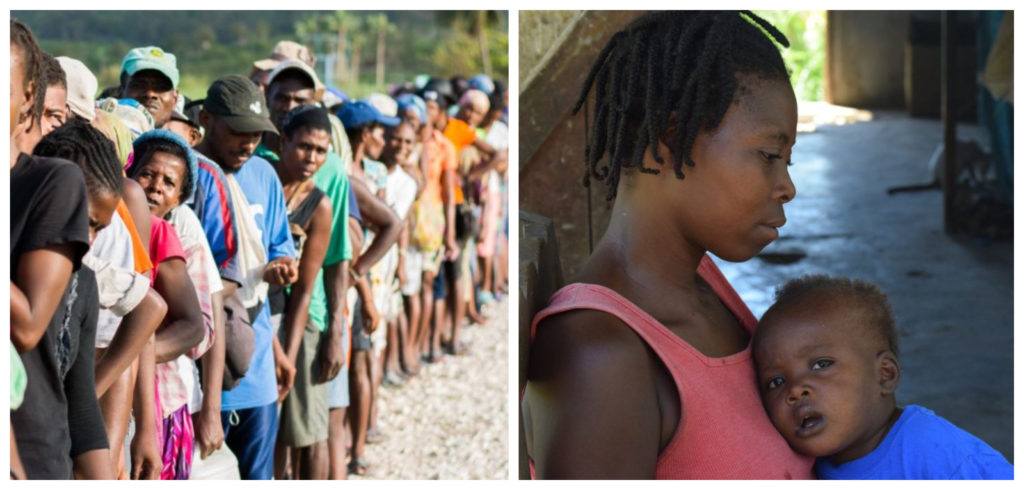 Collage featuring two photos in Haiti. (left) a line of community members (right) a mother and child