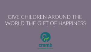 Grey button featuring a call to action that asks readers to give children around the world the gift of happiness