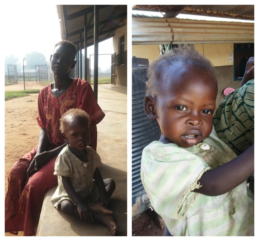 A collage featuring two images. In the first Ajok sitting with her mother outside. In the second Ajok clings to her mother