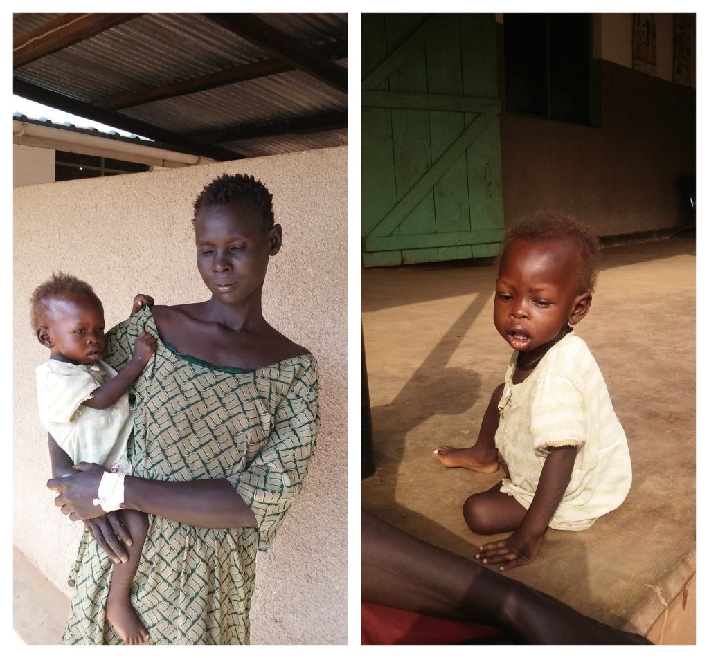 A collage featuring two photos on baby Ajok. In the first Ajok is being held by his young mother and in the second, Ajok sits on the ground
