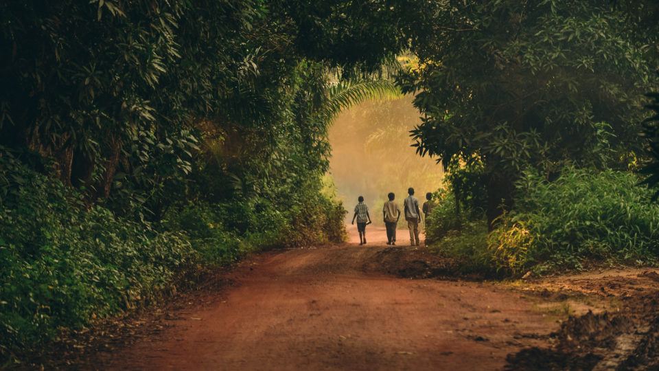 Group of children pass through a clearing in the bush of South Sudan