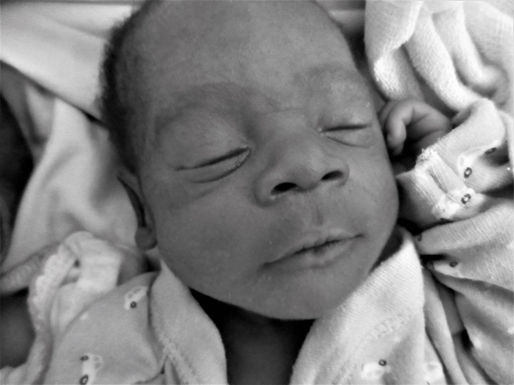 black and white image of a premature baby delivered at St. Therese hospital in South Sudan 