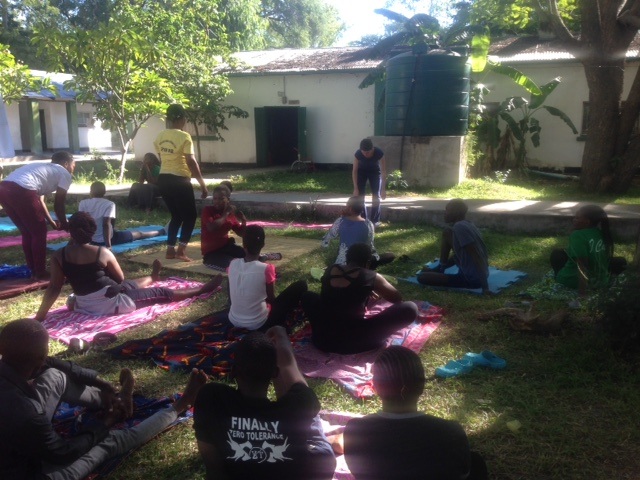 Yoga being led at the Mwandi Mission Hospital by our volunteer, Alyson Rockhold