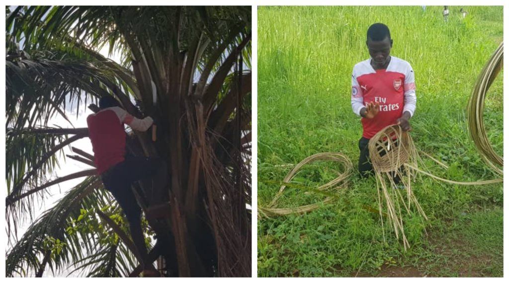 A collage featuring a community youth retrieving materials needed to create baskets and another image of him creating the basket