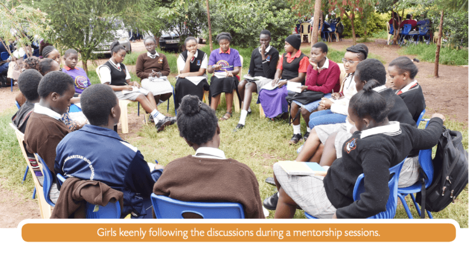 An image featuring a mentorship meeting in Kenya. The image has text that reads, 