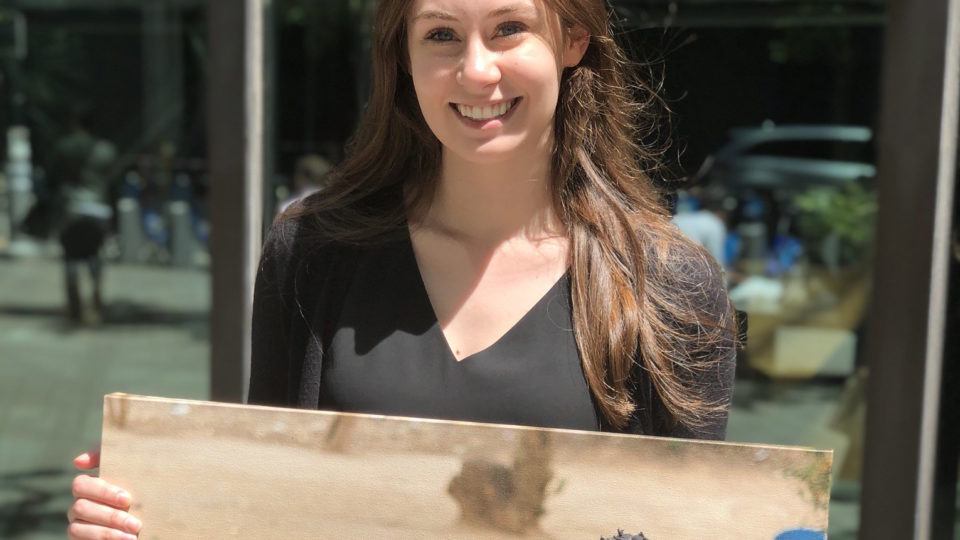 CMMB intern holds a canvas image taken in the field