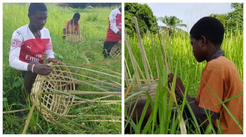 A collage featuring two youth in South Sudan creating baskets