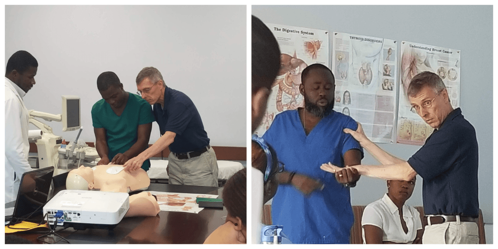 Collage of Dr. Stephens presenting in Haiti on a medical Mission trip