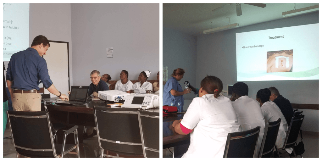 A collage of Dr. Zach Henz and Tracy Rock presenting at the BJSH in Haiti