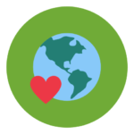 Green Icon with a globe in the center and a red heart. It represents our volunteer principles