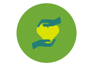 A circle icon with hands over a yellow heart 