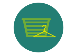 Icon featuring green clothes bin and yellow hanger