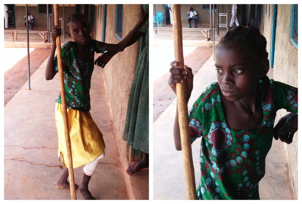 a photo collage of Joyce, a young patient, walking with the support of a walking stick 
