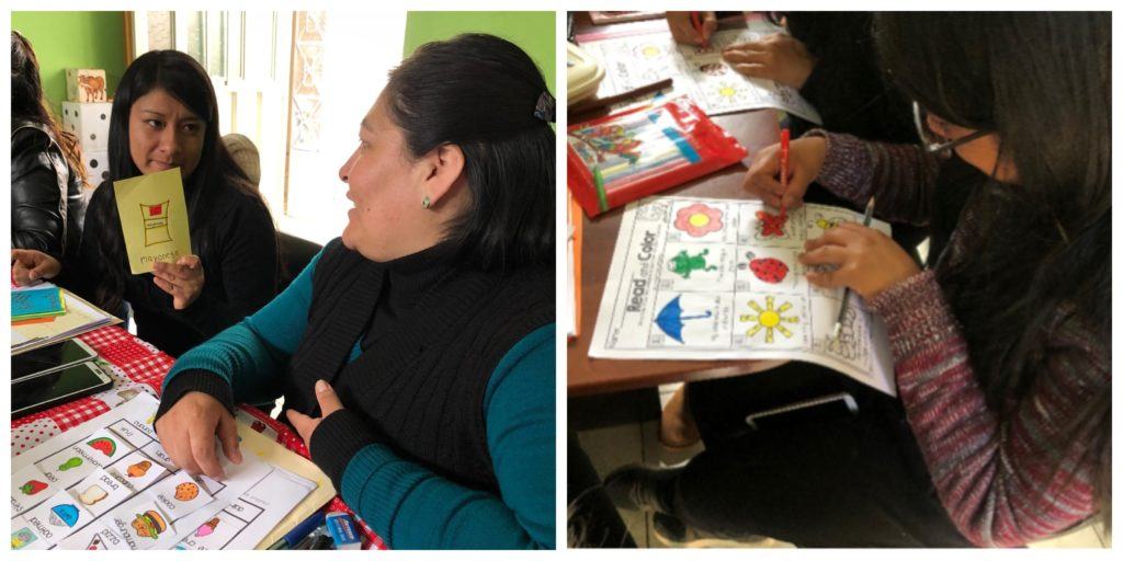 a collage of women in Peru taking an English class