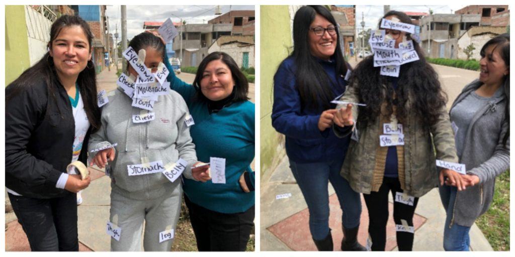 Collage of women as part of English class, with white stickers stuck to them. The stickers have English words on them