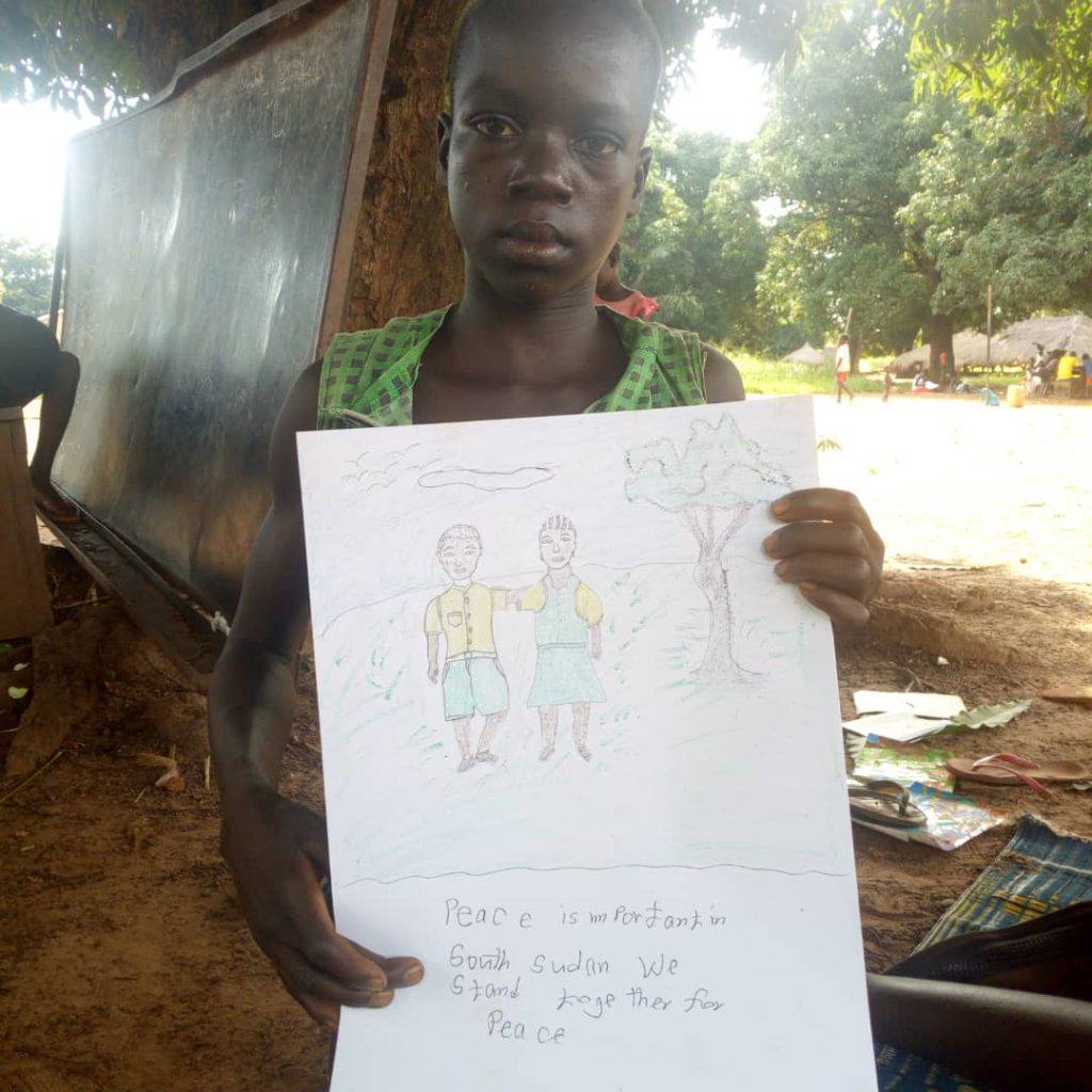 This child draws that children in South Sudan stand together for peace