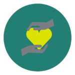 Icon representing our volunteer principle of Equality & Reciprocity. It features to grey hands surrounding a yellow heart
