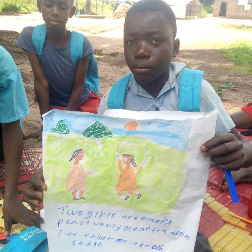 Peace means playing and freedom in South Sudan. This picture was drawn by a child in South Sudan