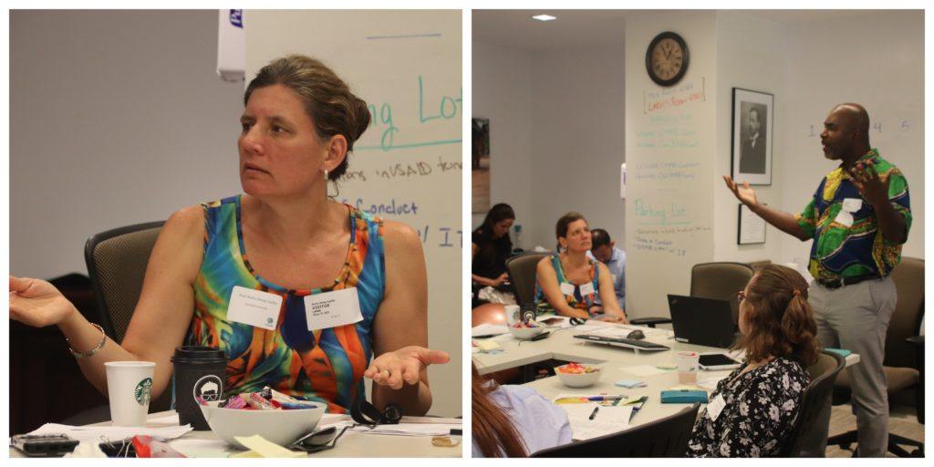 Collage featuring Alfred Babo and Proffessor Anita Deeg Carlin presenting at the volunteer orientation