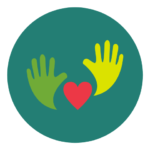 volunteer principle icon featuring a yellow and green hand surrounding a red heart