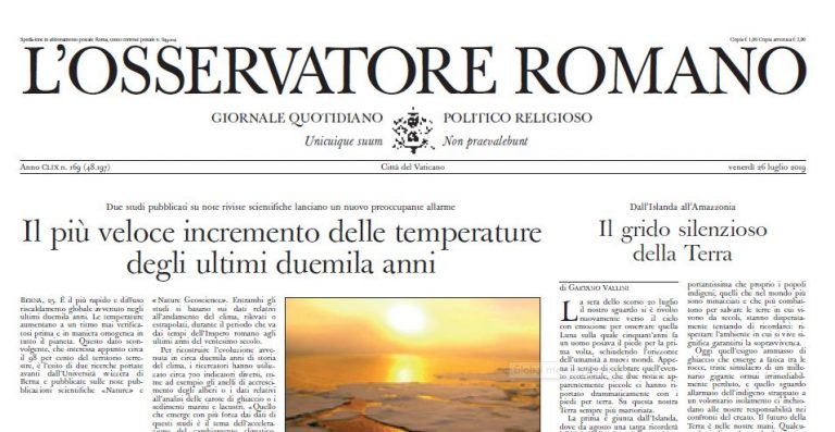 Image of the newspaper cover of L'Osservatore Romano, the official newspaper of the vatican