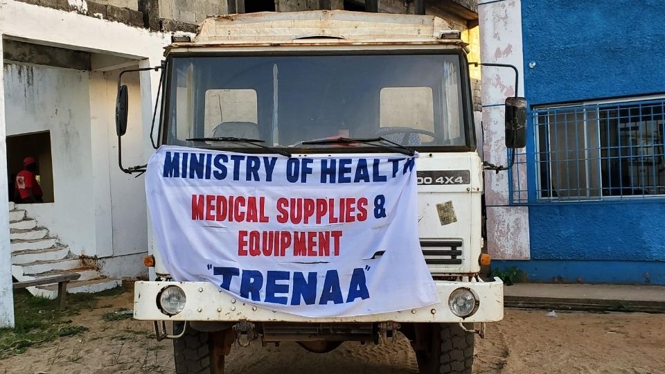 A ministry of health vehicle with a sign that reads "medical supplies and equipment" in Liberia in March 2020