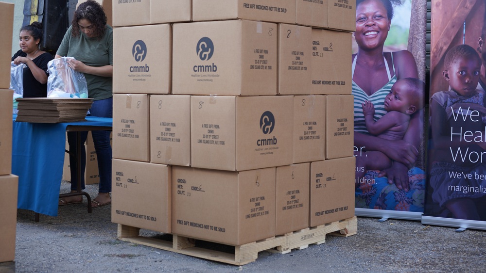 A pallet of boxes filled with medical donations from CMMB's Medical Donations Program.