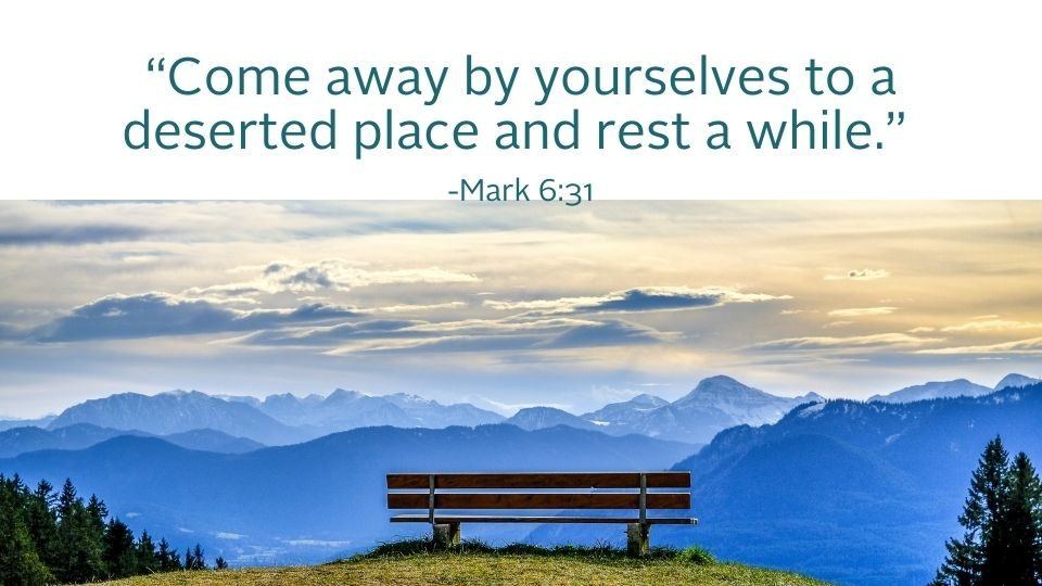 weekly reflection image with sunrise and bench and bible quote