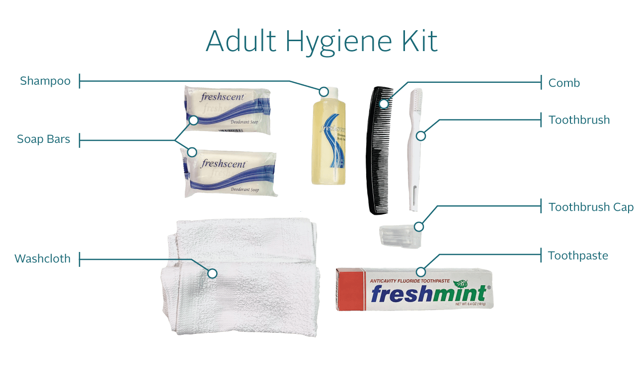A diagram of an Adult Hygiene Kit.