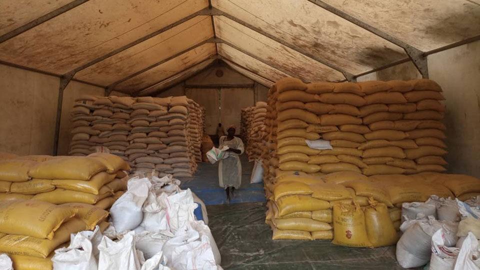 A tent of CMMB-provided food aid at Mother of Mercy Hospital in the Nuba Mountains, Sudan.