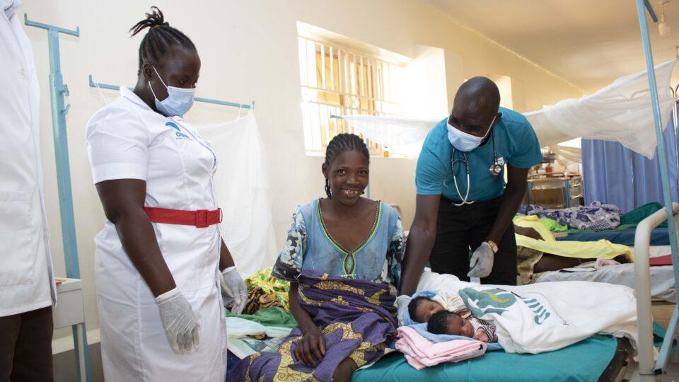 woman and twins receiving care in new maternity ward in ss