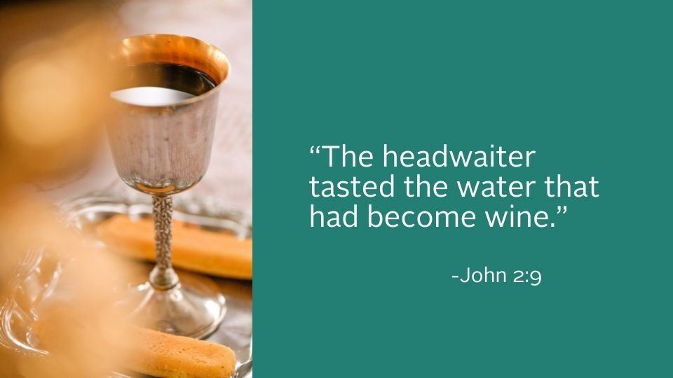 water to wine image in goblet with gospel text