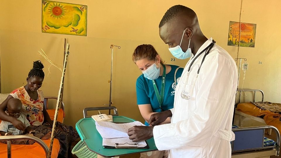 CMMB volunteer NP Brooke with Dr. Maad in South Sudan in April 2022