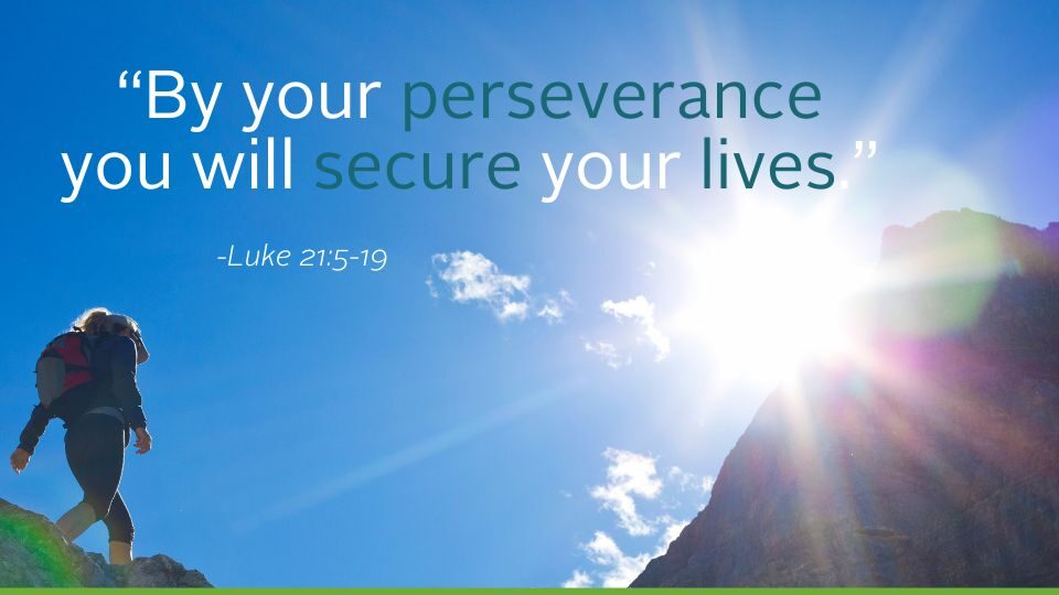 Weekly reflection graphic featuring quote from the bible: By your perseverance you will secure your lives.