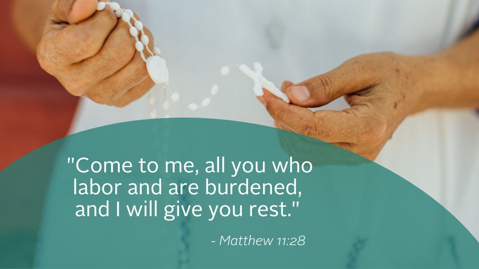 Weekly reflection graphic featuring quote from the Gospel. For today's reading we reflect on rest.