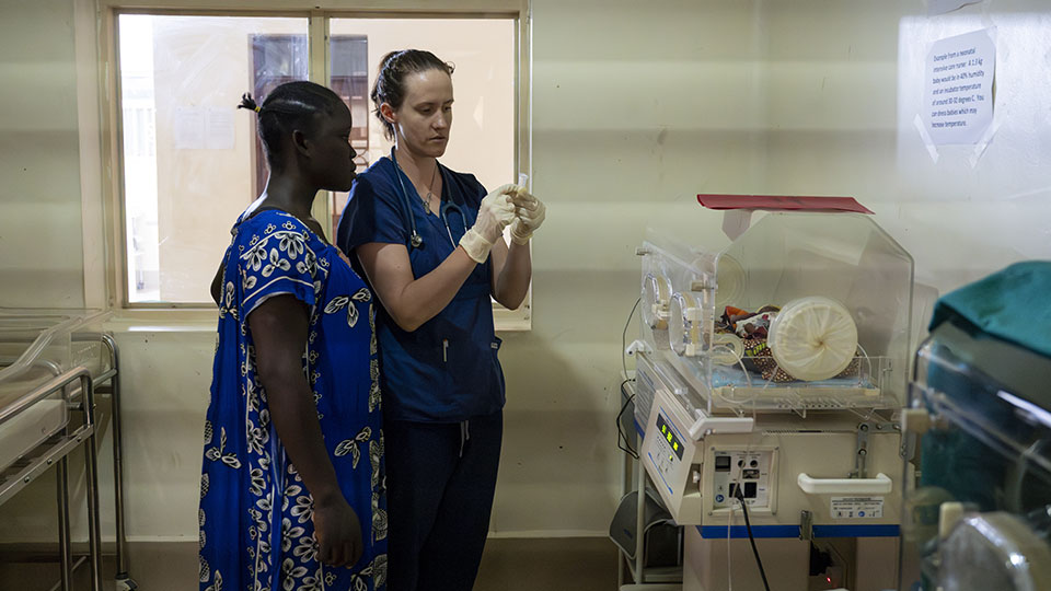 Sarah Rubino in incubator room at St. Theresa Hospital in Nzara, South Sudan.