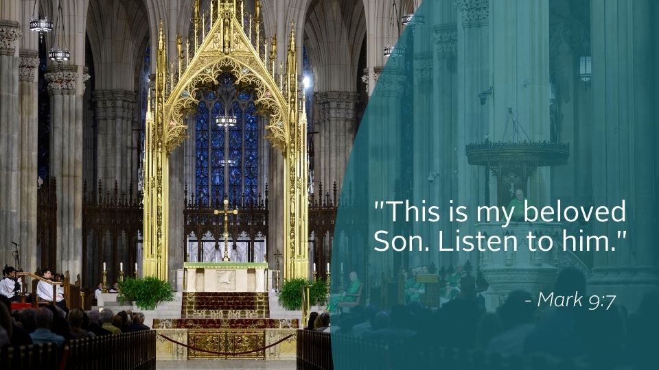 Weekly Reflection graphic featuring quote from the Gospel. Today we reflect on the importance of taking a moment to pause and listen