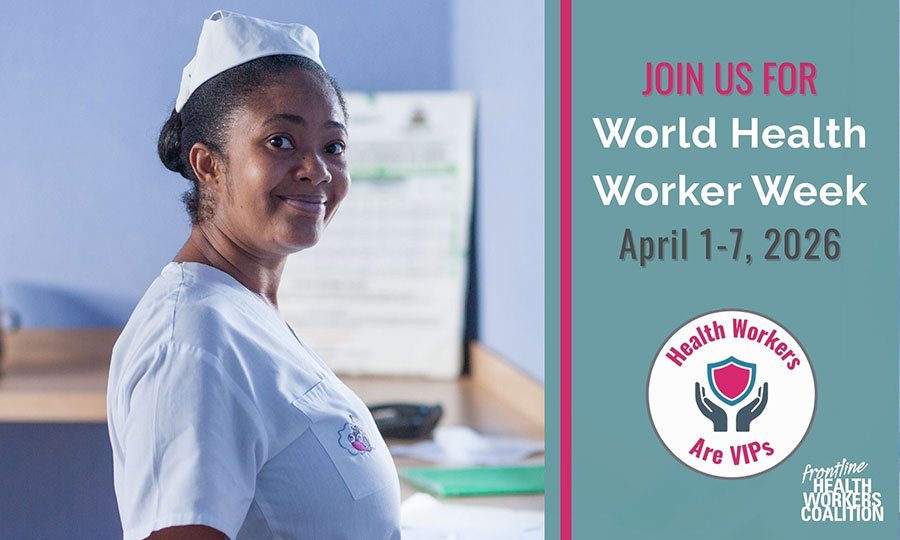 A graphic for World Health Worker Week featuring a heath worker at Bishop Joseph Sullivan Hospital in Haiti.
